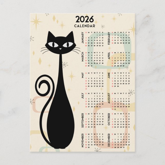 Postal Calendario de Mediados del Siglo 2026 del gato neg (Anverso)