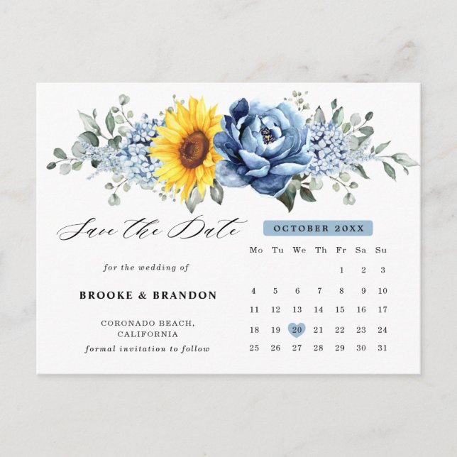 Postal Calendario de melocotones azules de girasol salva  (Anverso)