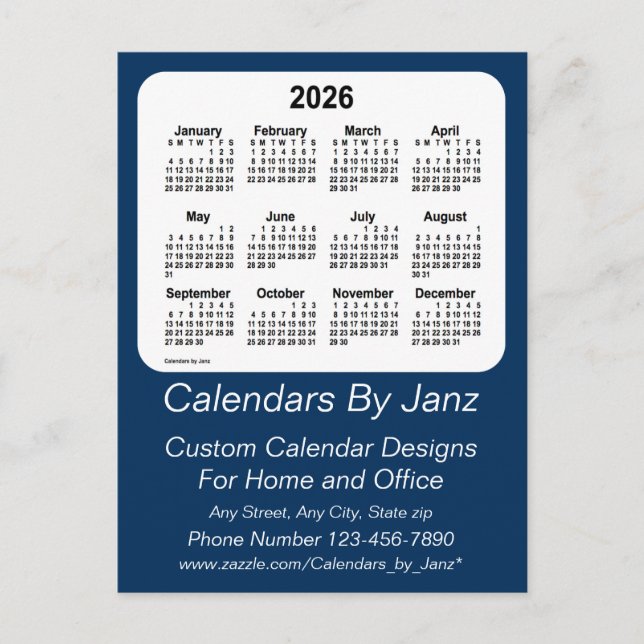 Postal Calendario de negocios azul de 2026 por Janz (Anverso)