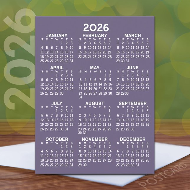 Postal Calendario de vista de año completo - Mínimo básic (2026 Calendar Postcard)