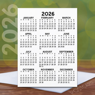 Postal Calendario de vista de año completo - Mínimo básic