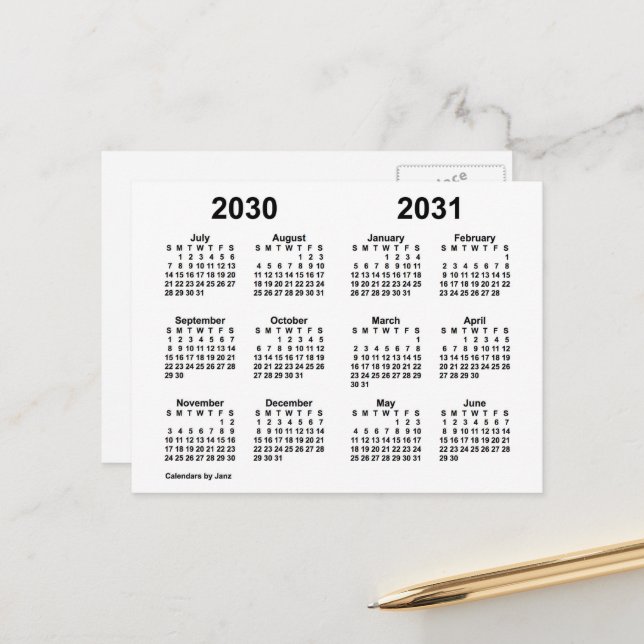 Postal Calendario del año escolar blanco 2030-2031 por Ja (Anverso/Reverso In Situ)