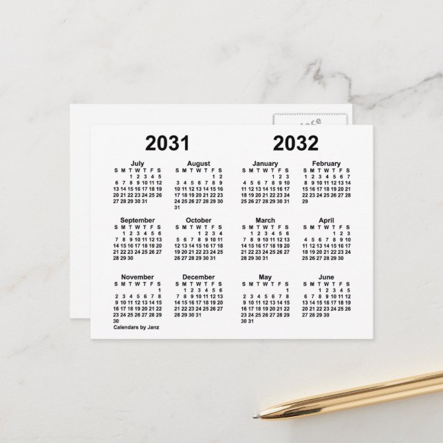Postal Calendario del año escolar blanco 2031-2032 de Jan (Anverso/Reverso In Situ)