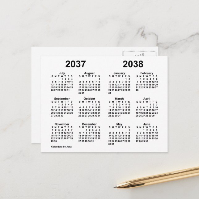 Postal Calendario del año escolar blanco 2037-2038 de Jan (Anverso/Reverso In Situ)