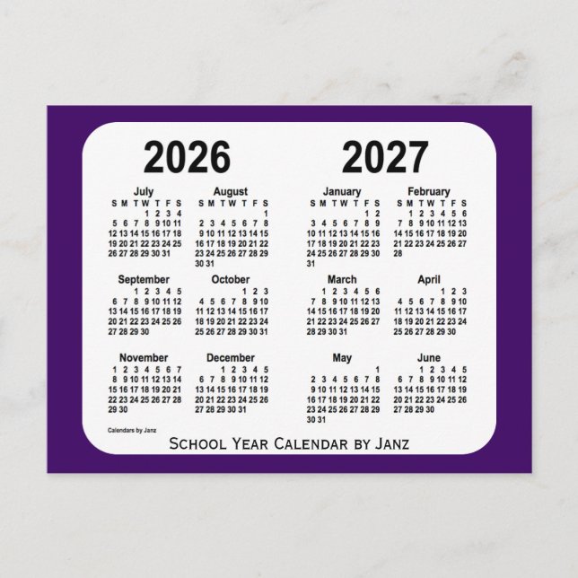 Postal Calendario del año escolar púrpura 2026-2027 de Ja (Anverso)
