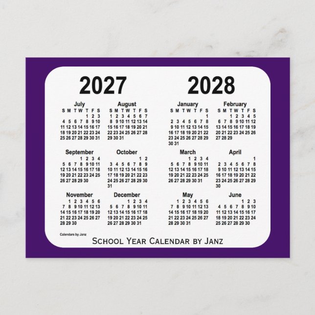 Postal Calendario del año escolar púrpura 2027-2028 de Ja (Anverso)