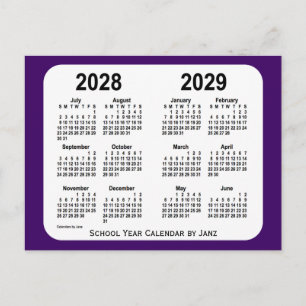 Postal Calendario del año escolar púrpura 2028-2029 de Ja