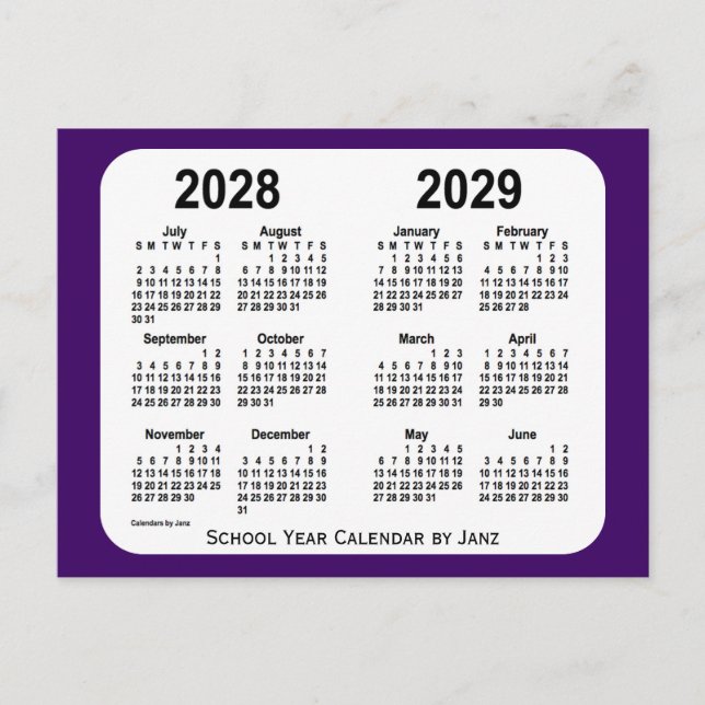 Postal Calendario del año escolar púrpura 2028-2029 de Ja (Anverso)