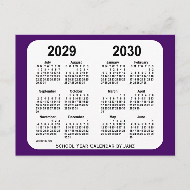 Postal Calendario del año escolar púrpura 2029-2030 de Ja (Anverso)