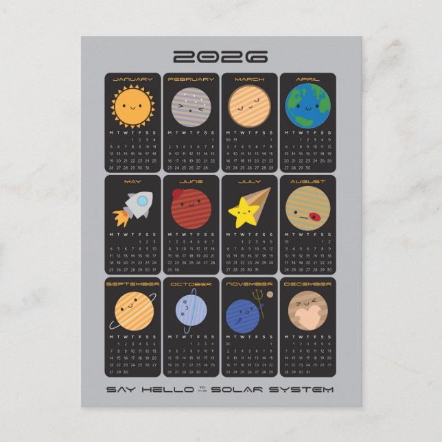 Postal Calendario del Sistema Solar Kawaii 2026 (Anverso)