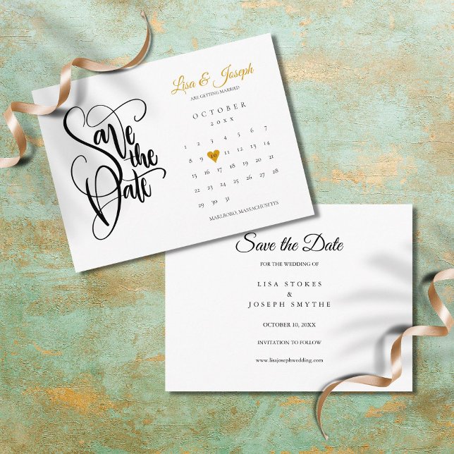 Postal Calendario Elegante de Anuncio de Fecha de Boda Co (Subido por el creador)