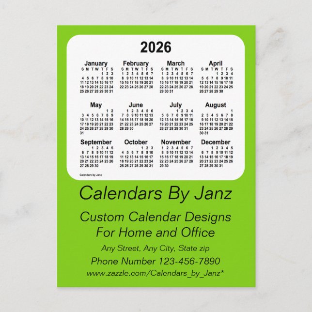 Postal Calendario empresarial amarillo verde 2026 de Janz (Anverso)