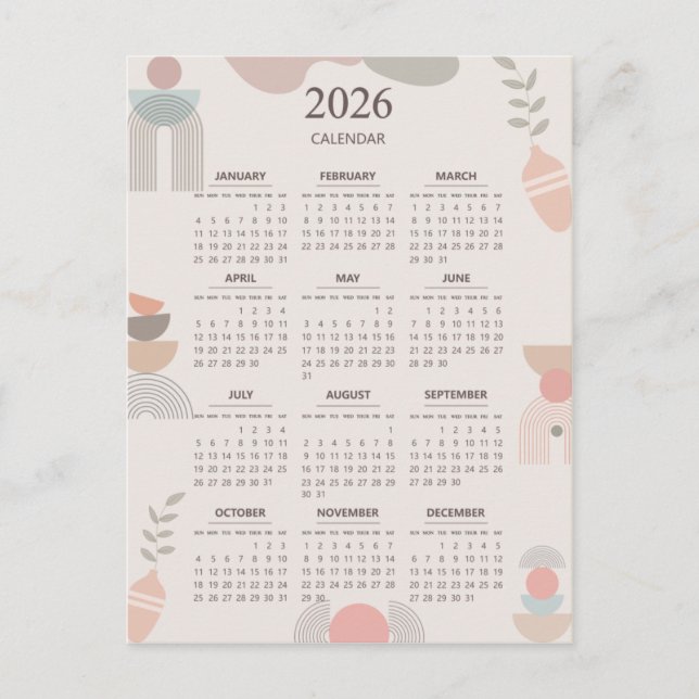 Postal Calendario Escandinavo 2026 Beige estético de Boho (Anverso)