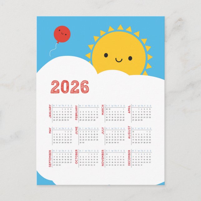 Postal Calendario feliz de Sun 2026 de Kawaii (Anverso)