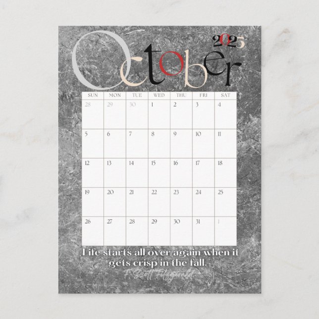 Postal Calendario Gris Moderno Mensual 2025 de Octubre (Anverso)