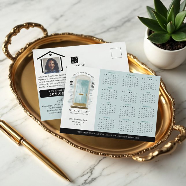Postal Calendario Inmobiliario de la Puerta Azul 2025 (Blue Watercolor Door Real Estate Calendar 2025 Postcard)