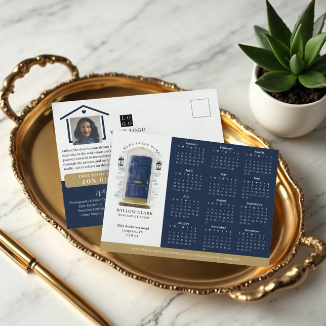 Postal Calendario Inmobiliario de la Puerta de Agua de la (Navy Watercolor Door Real Estate Calendar 2025 Postcard)