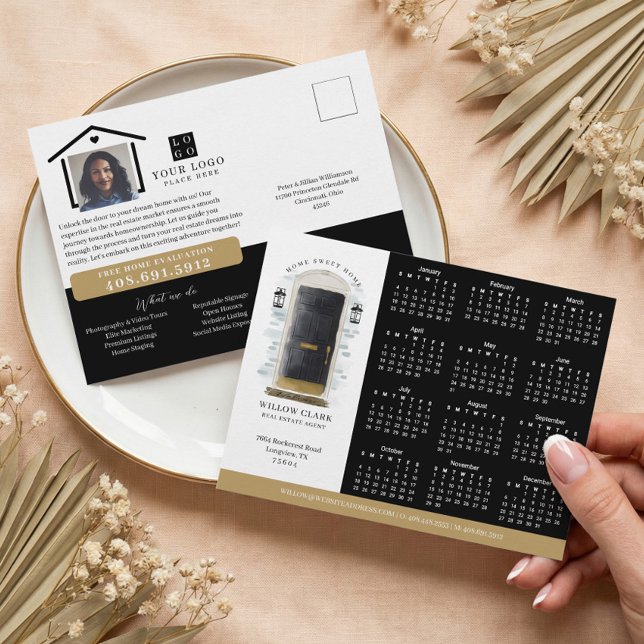 Postal Calendario Inmobiliario de la Puerta de Agua Negra (Black Watercolor Door Real Estate Calendar 2026 Postcard)