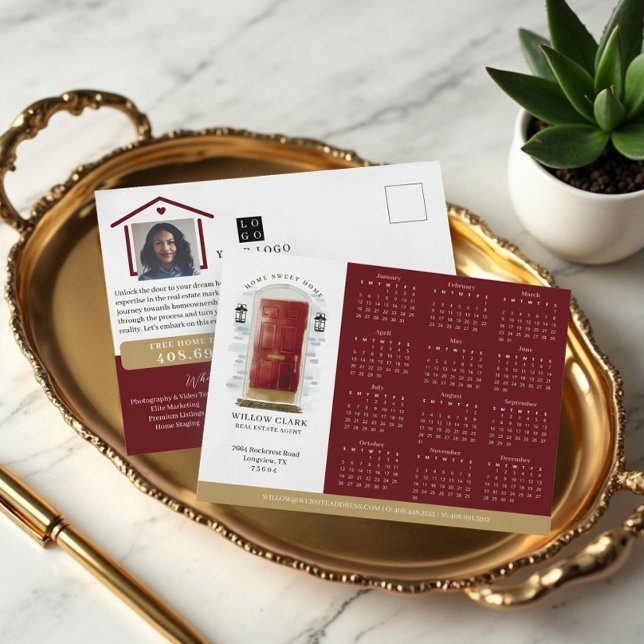 Postal Calendario Inmobiliario de la Puerta de Agua Roja  (Red Watercolor Door Real Estate Calendar 2025 Postcard)