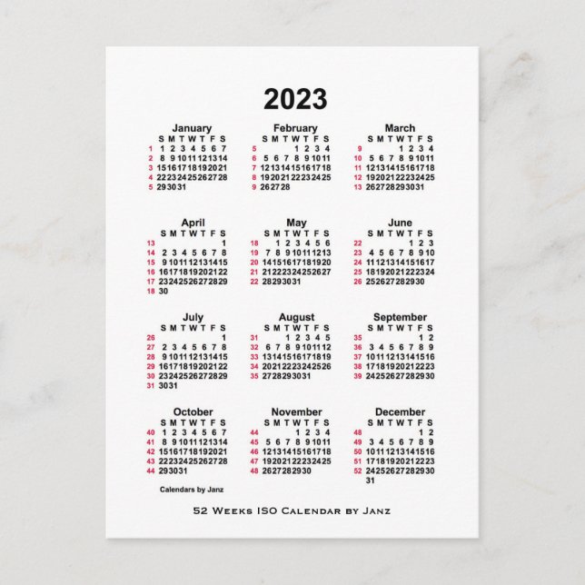Postal Calendario ISO de 52 semanas Blanco 2023 por Janz  (Anverso)