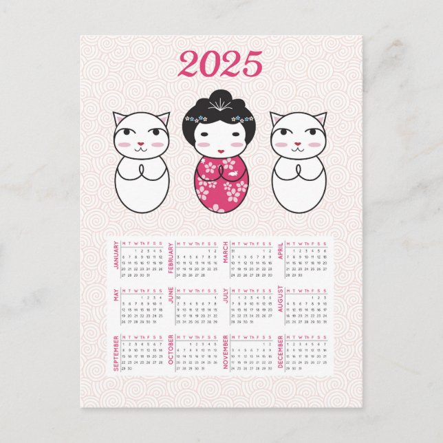 Postal Calendario japonés de muñecas kokeshi 2025 (Anverso)
