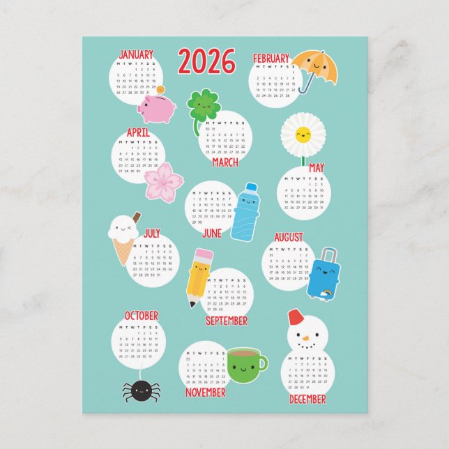 Postal Calendario Kawaii Everyday Life 2026 (Anverso)