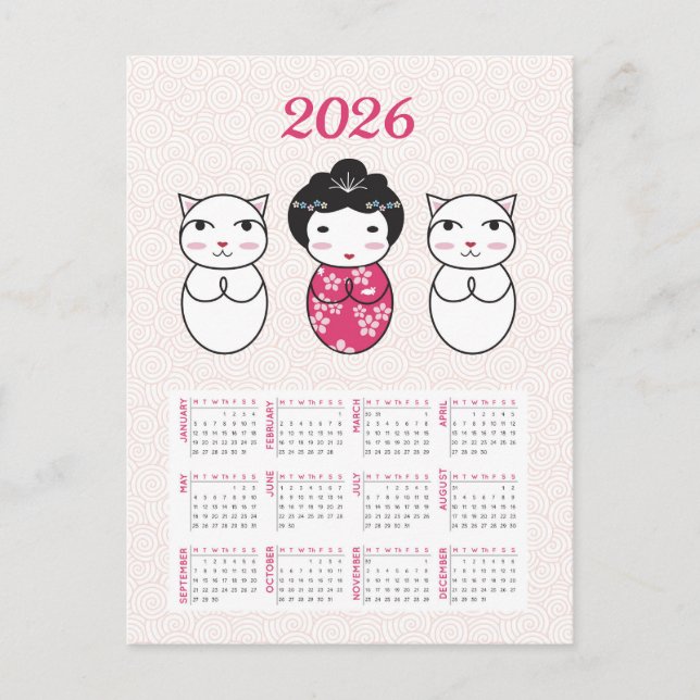 Postal Calendario Kawaii Japonés de Muñeca Kokeshi 2026 (Anverso)