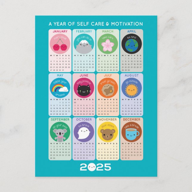 Postal Calendario Kawaii Motivation & Self Care 2025 (Anverso)