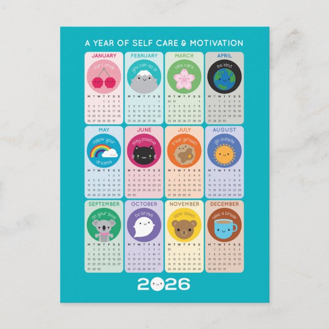 Postal Calendario Kawaii Motivation & Self Care 2026 (Anverso)