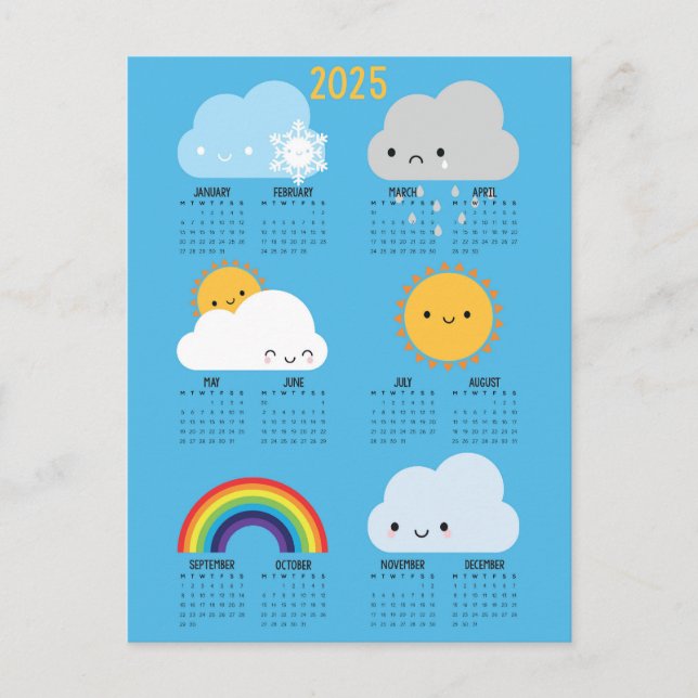 Postal Calendario Kawaii Skies Happy Weather 2025 (Anverso)