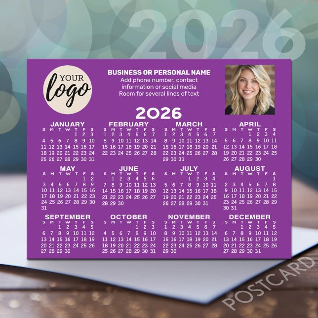 Postal Calendario - logotipo, foto, contacto comercial -  (2026 Calendar Postcard - Add your logo, photo and business contact information)