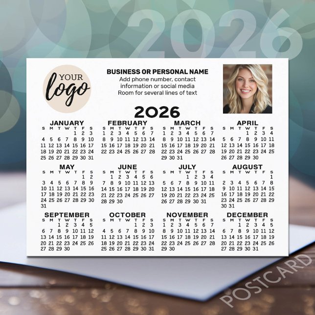 Postal Calendario - logotipo, foto, contacto comercial -  (2026 Calendar Postcard - Add your logo, photo and business contact information)
