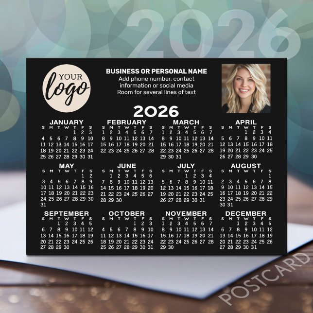 Postal Calendario - logotipo, foto, contacto comercial -  (2026 Calendar Postcard - Add your logo, photo and business contact information)