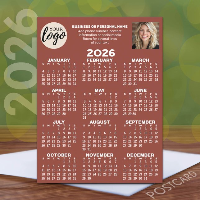 Postal Calendario - logotipo, foto, contacto comercial -  (2026 Calendar Postcard with a logo, photo and business contact information)