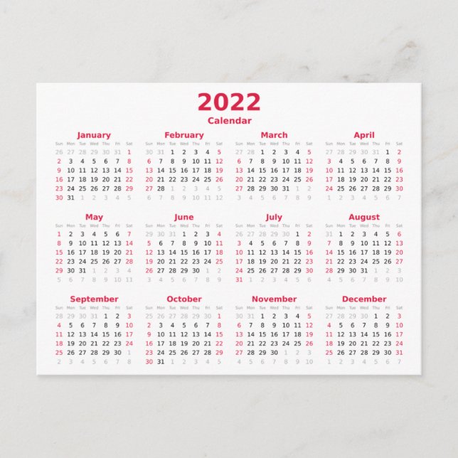 Postal Calendario mensual básico de 2022 (Anverso)