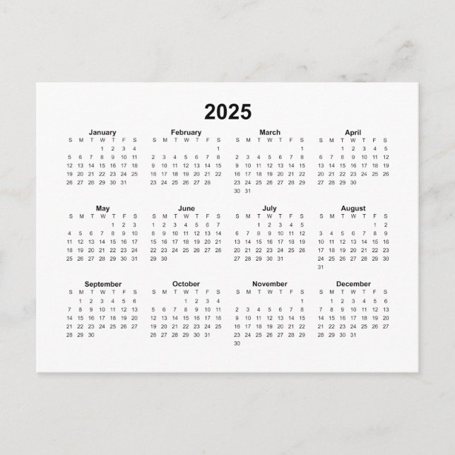 Postal Calendario mensual básico de 2025 (Anverso)