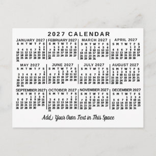 Postal Calendario Mensual Clásico Blanco y Negro del Año 