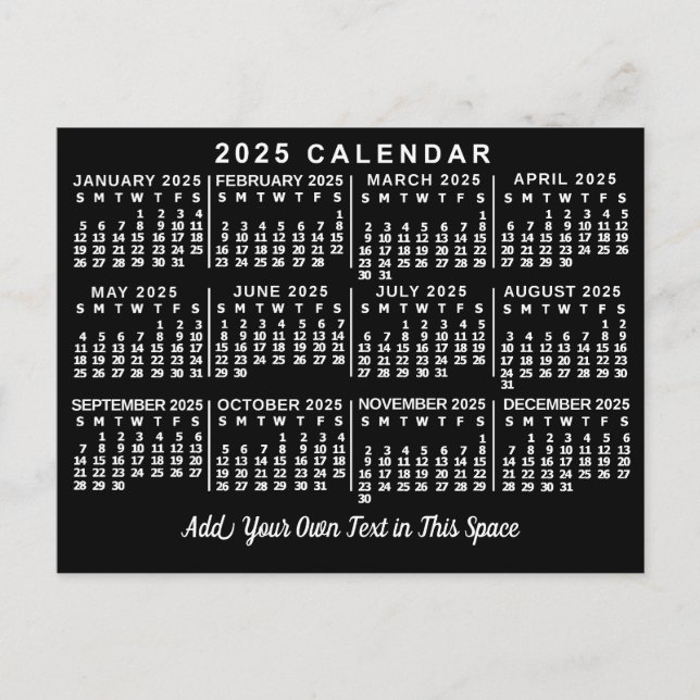 Postal Calendario mensual de 2025 Años Clásico Blanco y N (Anverso)