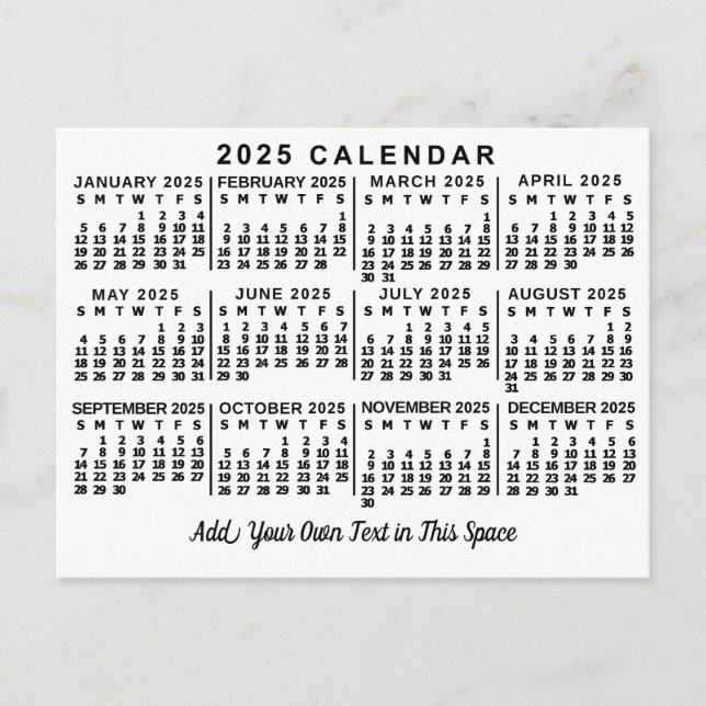 Postal Calendario mensual de 2025 Años Clásico Blanco y N (Anverso)