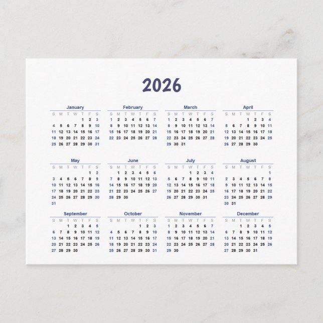 Postal Calendario mensual de 2026 todos los días (Anverso)
