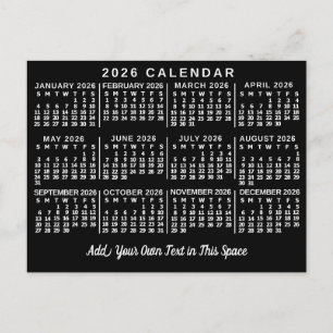 Postal Calendario Mensual del Año 2026 Clásico Blanco y N
