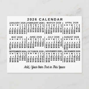 Postal Calendario Mensual del Año 2026 Clásico Blanco y N