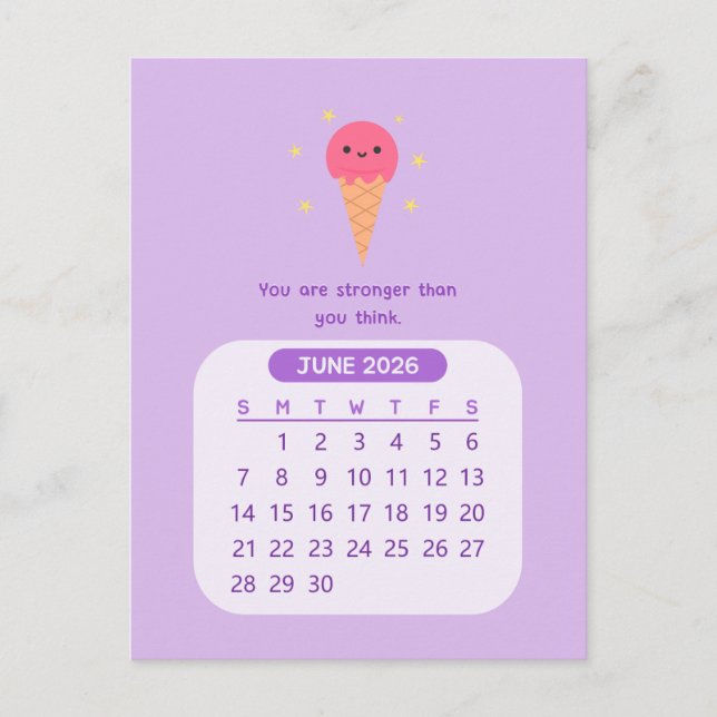 Postal Calendario mensual kawaii motivacional de junio de (Anverso)