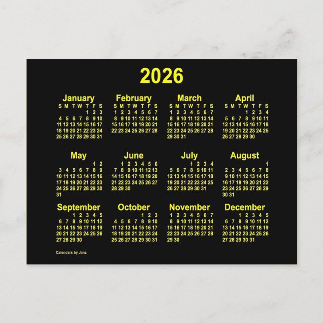 Postal Calendario Mini Amarillo Neon 2026 de Janz (Anverso)