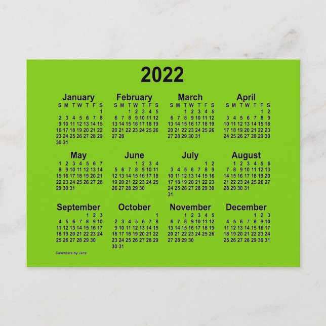 Postal Calendario Mini Amarillo Verde 2022 por Janz (Anverso)