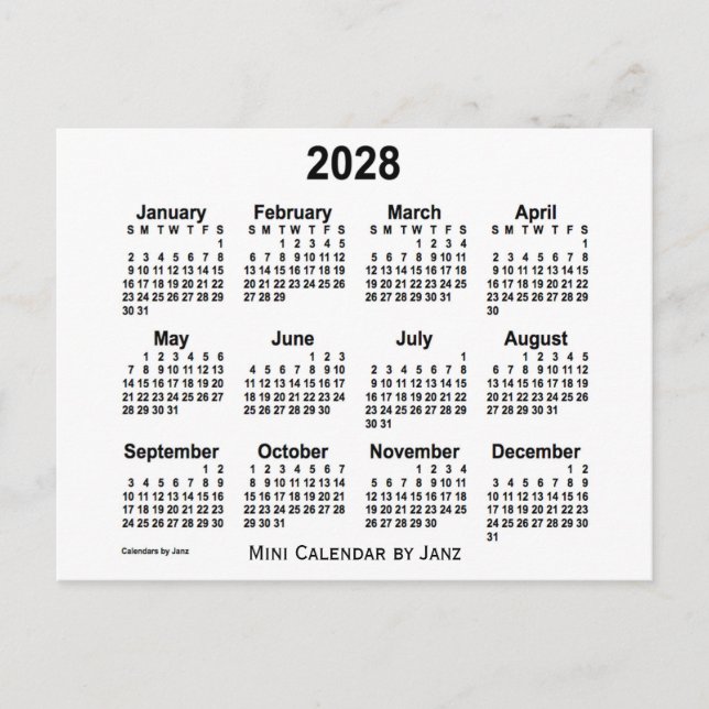 Postal Calendario Mini Blanco 2028 de Janz (Anverso)