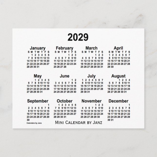 Postal Calendario Mini Blanco 2029 de Janz (Anverso)