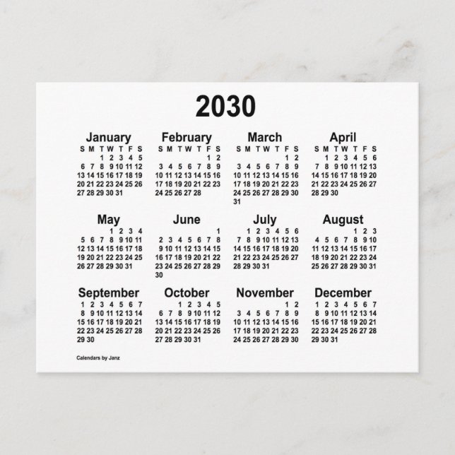 Postal Calendario Mini Blanco 2030 de Janz (Anverso)