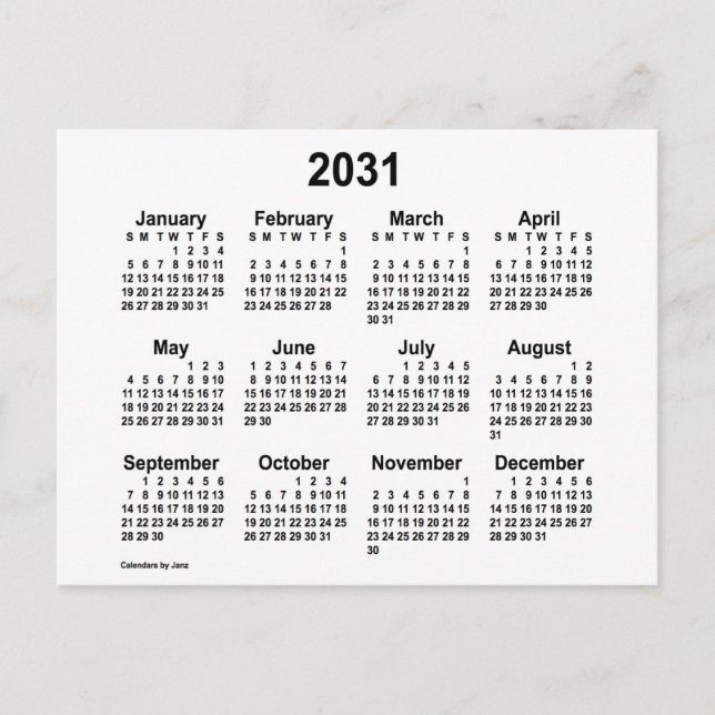 Postal Calendario Mini Blanco 2031 de Janz (Anverso)