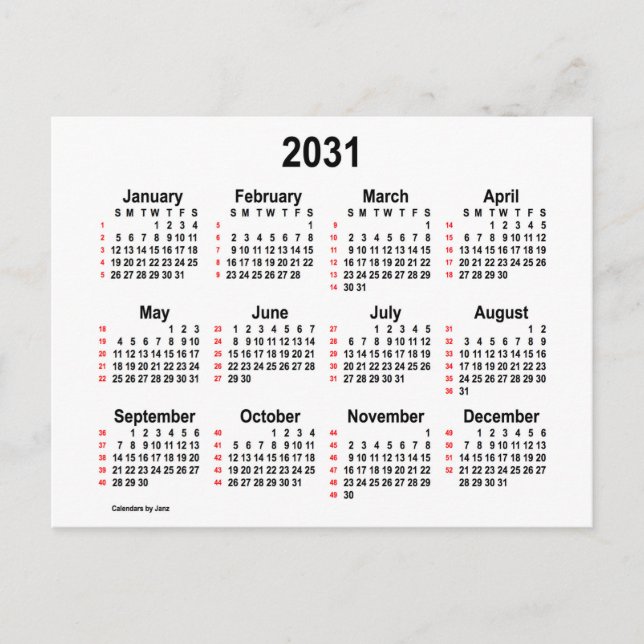 Postal Calendario Mini de 52 Semanas Blanco 2031 por Janz (Anverso)